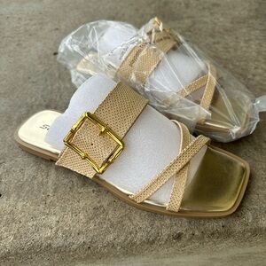 Elegant Tan Slide Sandals with Gold Buckle